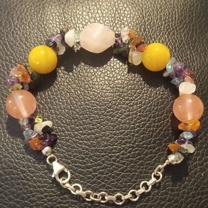 Rhodium Plated Rose Quartz Multi Gemstone Beaded Bracelet
